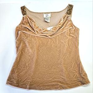 NEW VINTAGE ICE Beaded Strap Camel Tan Crushed Velvet Tank Top Small 90s Y2K